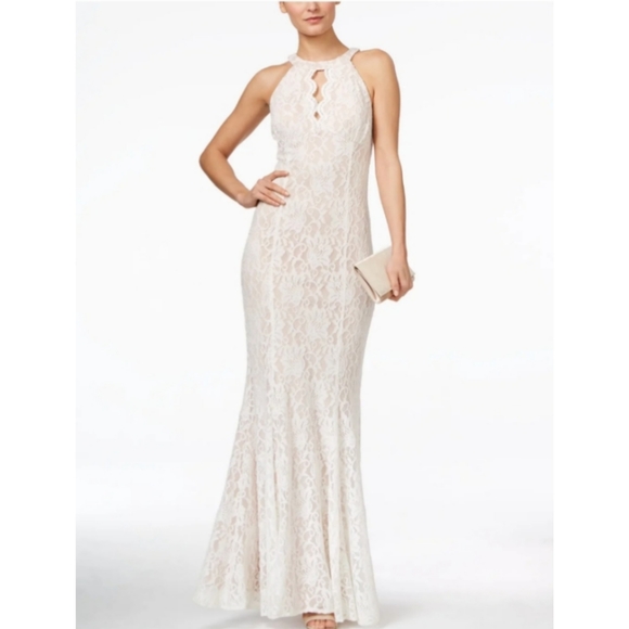 Night Way Collections Dresses & Skirts - Ivory Lace High Neck Cut Out Gown Maxi 8P